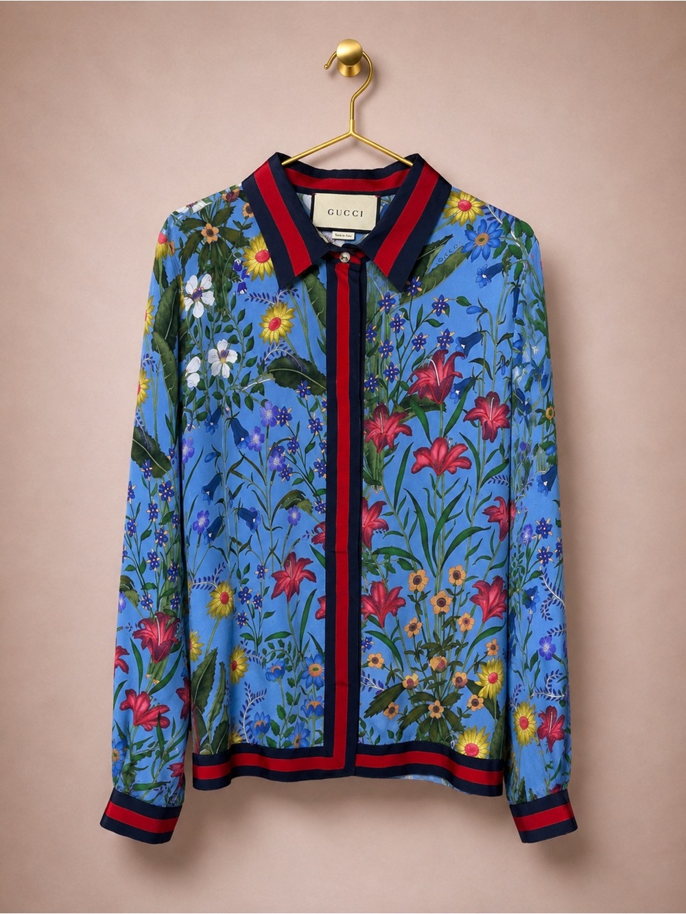 Gucci Blue Floral Silk-Print Top with Red & Navy Trim